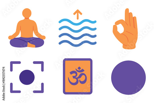 Meditation symbols: yoga, water flow, om sign, gesture, focus, connection