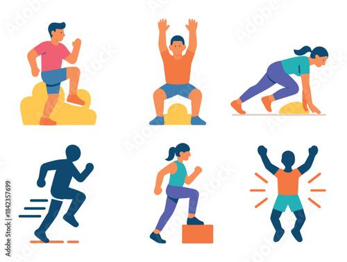 Vibrant illustration of exercise routines with diverse individuals in dynamic poses