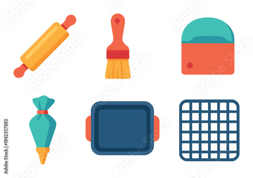 Bright neon baking utensils illustration with rolling pin and brush