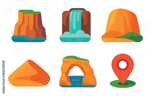 Colorful illustrated landscapes featuring waterfall and rock formations