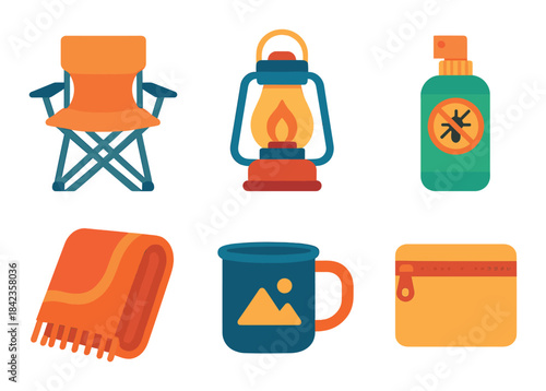 Camping essentials: chair, lantern, insect spray, blanket, mug, first aid kit