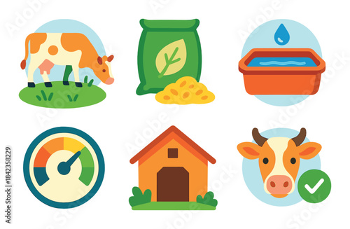 Colorful icons of farm life: cow, feed, water, barn, and farming gauge