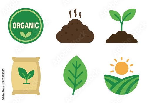 Organic farming icons: plant, soil, leaf, sun, sustainable agriculture symbols