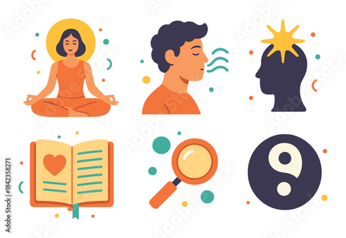 Mindfulness and meditation practices illustrated with icons