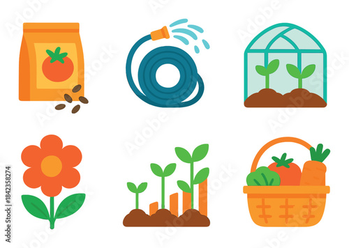 Colorful gardening icons featuring seeds, hose, greenhouse, flower, sprouts, and harvest