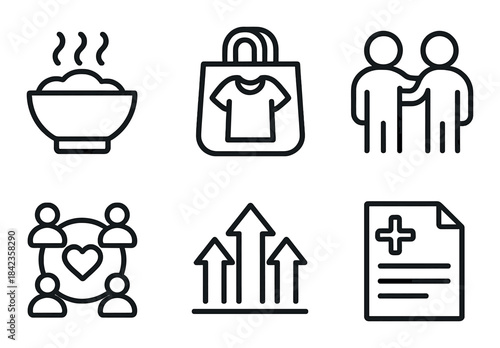 Minimalist icon set featuring food, shopping, social interaction, growth, and health symbols in black