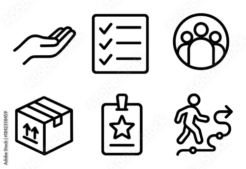 Minimalistic icon set featuring checklist, hand, group, package, id badge, and path