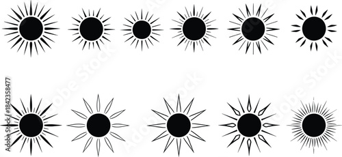 Minimal sunburst illustration set featuring hand-drawn sun rays, celestial symbols, boho sun designs, and decorative sunshine elements
