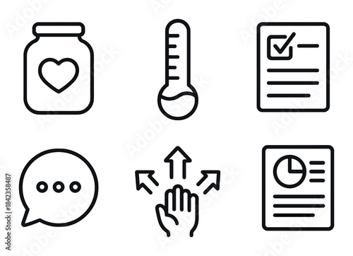 Black icon set: heart jar, thermometer, check document, chat bubble, hand arrows, chart