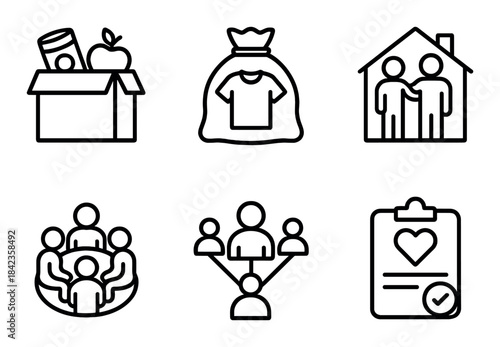 Charity and community icons: food donation, clothing, family support, group connection, volunteer checklist