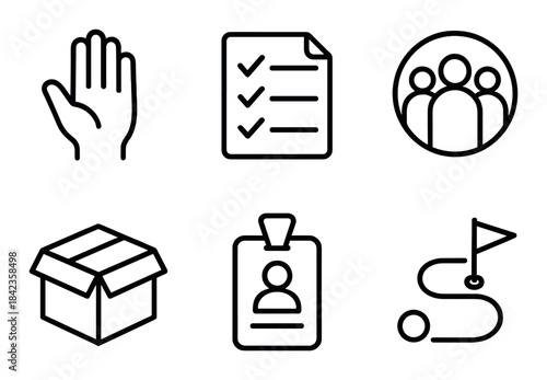Minimalist icon set: checklist, group, packaging, id badge, route, hand gesture