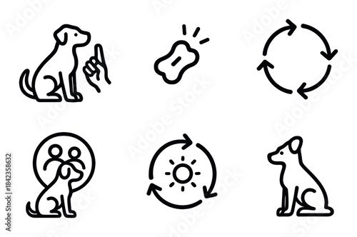 Dog training icons including commands, treats, and obedience symbols