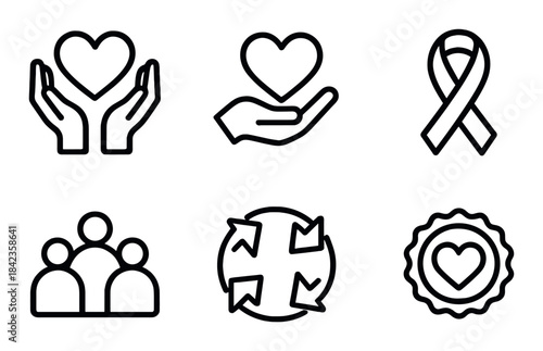 Black outline icons: heart, ribbon, group, recycle, badge symbols