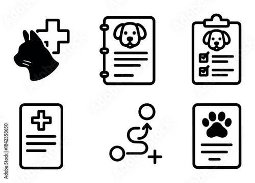 Veterinary icons set: medical records, pet profiles, health checklists