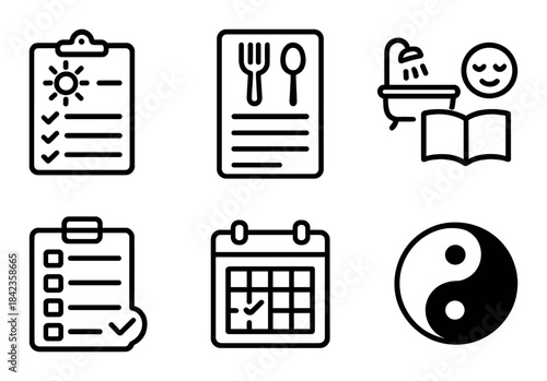 Minimalist icons: tasks, dining, relaxation, checklist, calendar, yin yang symbol