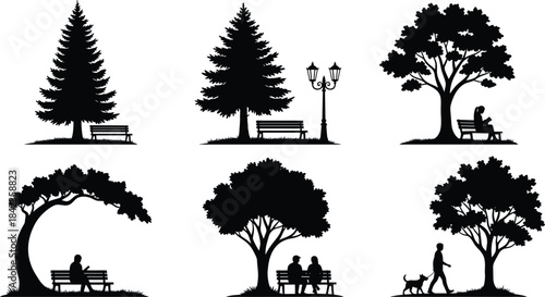Park tree silhouettes with benches and people, walking dog, reading, relaxing outdoor scene vector illustration set