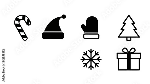 Outline and filled christmas icons collection including candy cane, santa hat and mitten