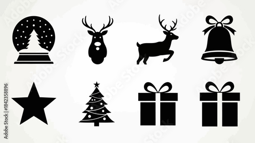 Christmas holiday black silhouette icon set, festive decorative symbols collection
