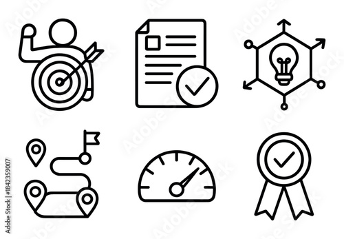 Goal achievement icons: target, checklist, innovation, route, speedometer, award