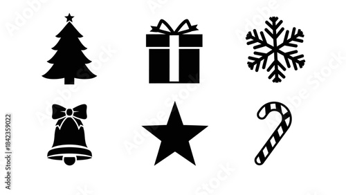 Christmas winter holiday icons set with tree gift snowflake bell star and candy cane