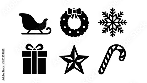 Christmas icons set with sleigh wreath snowflake gift star and candy cane holiday