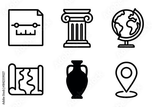 Historical icons: document, column, globe, map, vase, location pin