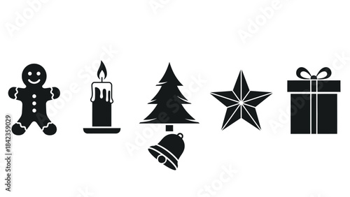 Christmas icons set with gingerbread man candle tree bell star and gift holiday