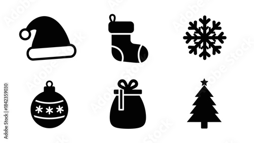 Christmas icons set with santa hat stocking snowflake bauble gift bag and tree holiday
