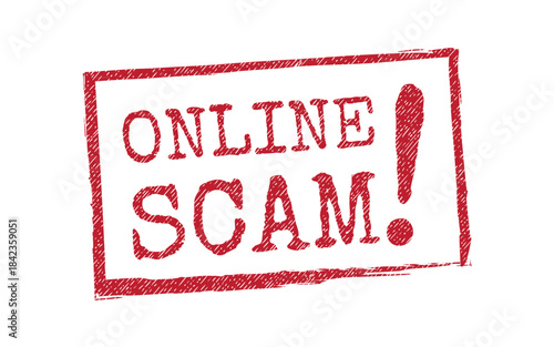 Urgent red square rubber stamp caution alert for online scam risk and digital security awareness