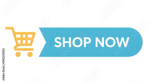 Vibrant blue shop now button with yellow shopping cart icon on white background 