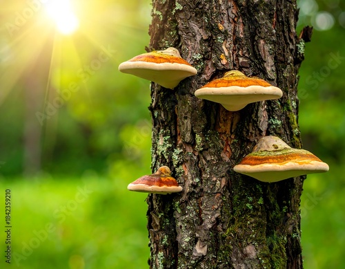 Close-up of a tree trunk with mushrooms, bathed in sunlight against a blurred green backdrop