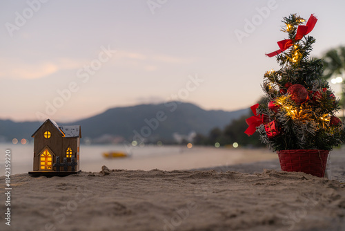 Cute and Christmas Tree House Relaxing on the Beach. Merry Christmas Holiday. Bright Background. Patong Beach, Phuket, Thailand.