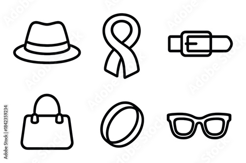 Fashion accessories icons: hat, tie, belt, bag, ring, glasses on black background