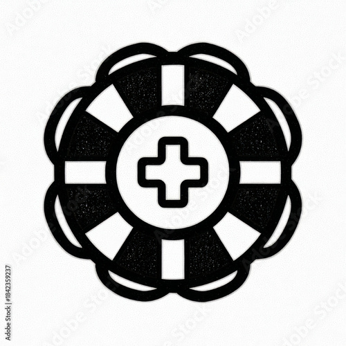 Simple black and white life preserver with a medical cross symbol in the center, representing safety, healthcare, and emergency rescue with a clean, modern look.