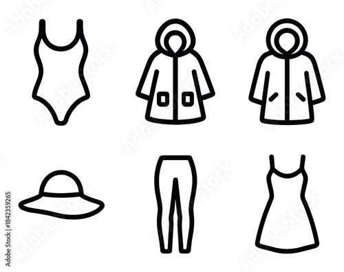 Fashion icons: swimsuit, jacket, hat, pants, dress - minimalist design