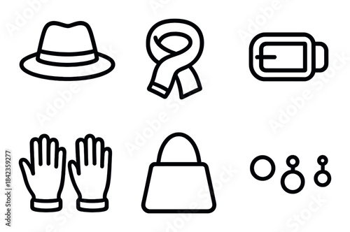 Fashion accessories icons: hat, scarf, bag, earrings, gloves, belt