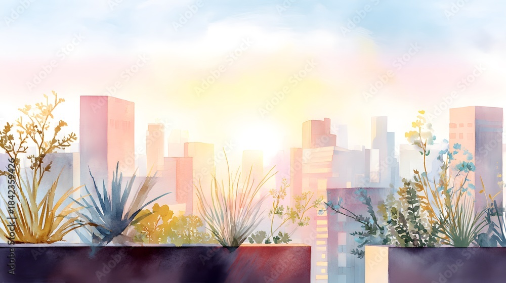 Obraz premium Serene rooftop garden cityscape watercolor illustration sunset peaceful urban nature design