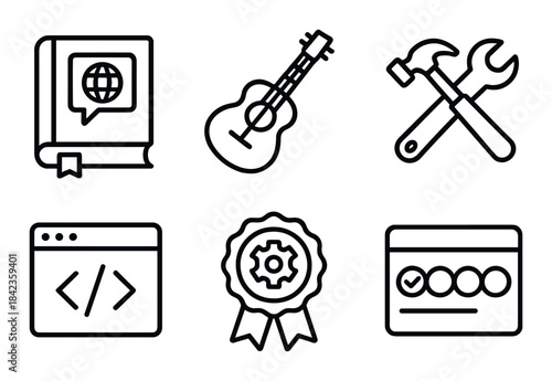 Monochrome icon set: book, guitar, tools, web, award, interface design elements