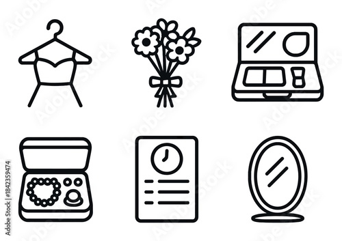 Fashion and beauty icon set featuring clothing, makeup, flowers, jewelry, mirror, document