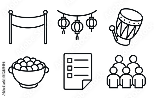 Cultural icons: red carpet, lanterns, drums, ceremony, checklist, community