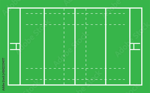 Green rugby league field layout vector illustration showing goal posts and dashed lines
