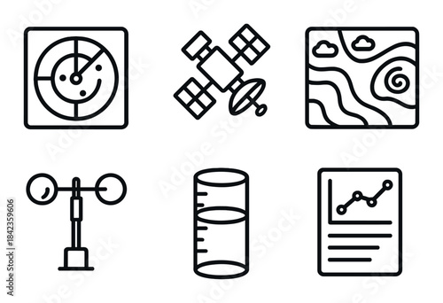 Weather icons: radar, satellite, weather map, anemometer, rain gauge, climate chart display