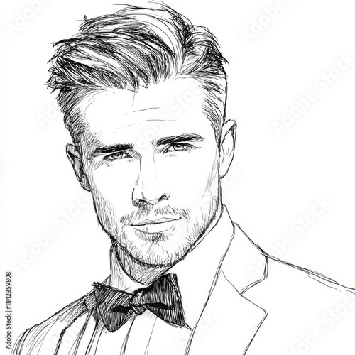 Elegant black and white line drawing of a stylish young man in a tuxedo and bow tie, featuring a confident mood on a clean white background, ideal for fashion or event promotion.
