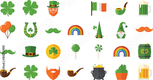 St. Patrick’s Day illustration set featuring shamrocks, leprechauns, rainbows, Irish symbols, lucky charms, beer, pipes, hats, and festive decorations
