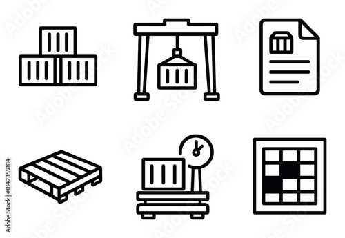 Industrial icons: shipping containers, crane, document, pallet, scale, grid