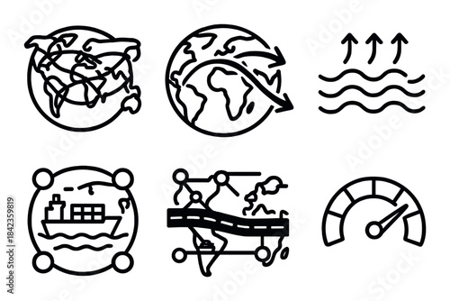 Global logistics icons: shipping, air travel, cargo, supply chain, speed