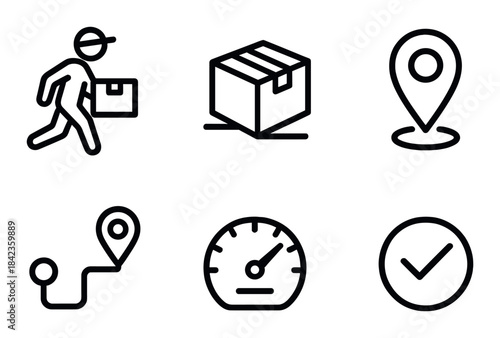 Delivery and logistics icons featuring package, location, and tracking symbols