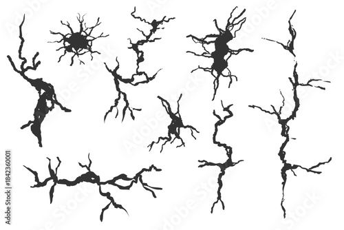 Crack wall, ground texture breaks on land surface. Ground fissure line sketch set. Crash fracture, land damage, earthquake