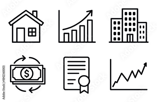Real estate and finance icons collection: house, chart, buildings, money, certificate, graph
