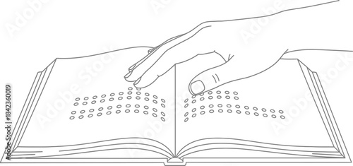 Hand reading open book with raised dots representing braille script in a simple line art style